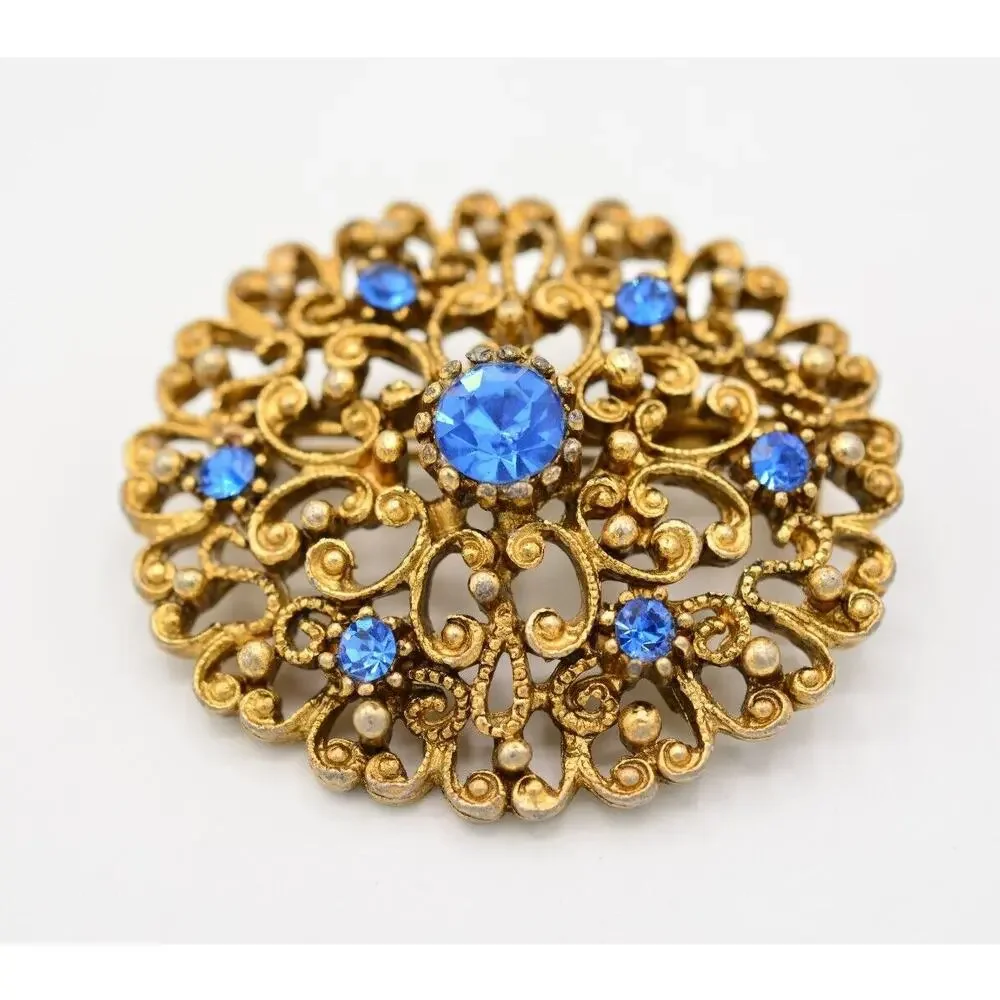 JJ Vintage Pin Brooch Blue Rhinestone Crystal Antiqued Gold Signed 1980s Bin7